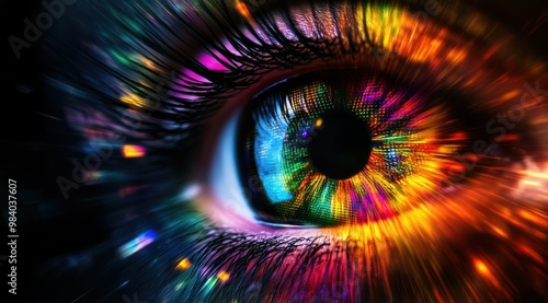 A colorful eye with a rainbow of colors. The eye is surrounded by a blurry background. The eye is the main focus of the image, and the colors make it look like a work of art