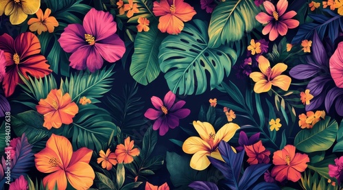 A colorful floral pattern with a variety of flowers and leaves. The colors are bright and vibrant, creating a lively and cheerful atmosphere