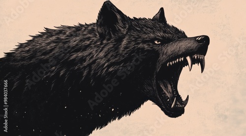 A black wolf with its mouth open and teeth bared. The wolf is looking directly at the camera photo