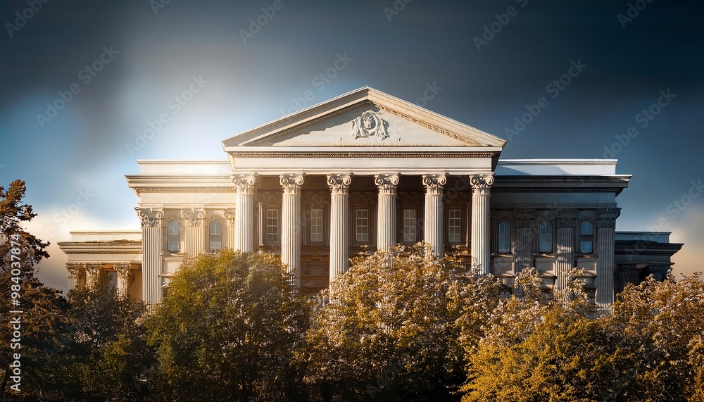 Fototapeta premium A grand classical building with columns, surrounded by trees, bathed in warm light under a dramatic sky.
