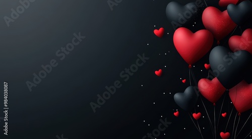 A black background with a bunch of red and black hearts. The hearts are floating in the air and are scattered all over the background. Concept of love and romance. Empty space for logo or text