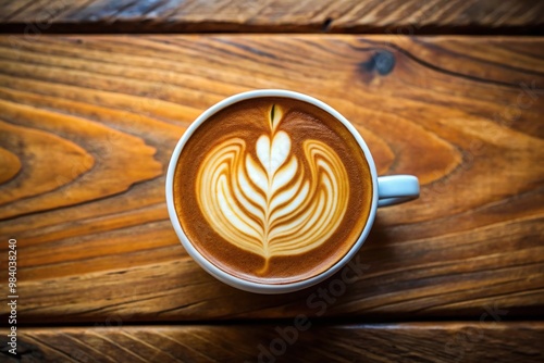 Artisan latte with latte art on wooden table fisheye view