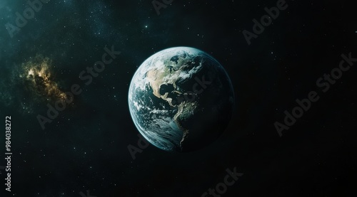 Planet Earth in space with a black background. The planet is the only object in the image