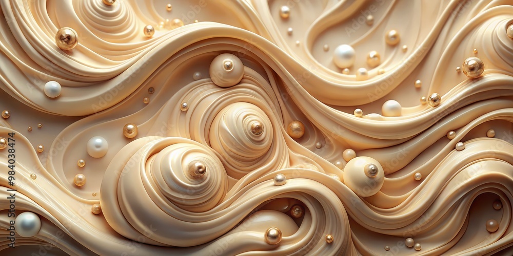 Close-Up Abstract Composition of Swirling Beige Shapes with Glossy Gold and Pearl White Objects, Creating Depth and Movement with Elegant Soft Lighting Close-Up Abstract Composition of Swirling Beige Shapes with Glossy Gold and Pearl White Objects, Creating Depth and Movement with Elegant Soft Lighting