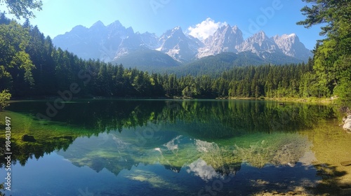 Crystal-clear Fusine lake with the towering Mangart peak in the background Reflections on the water mirror the surrounding lush forests and majestic mountains photo