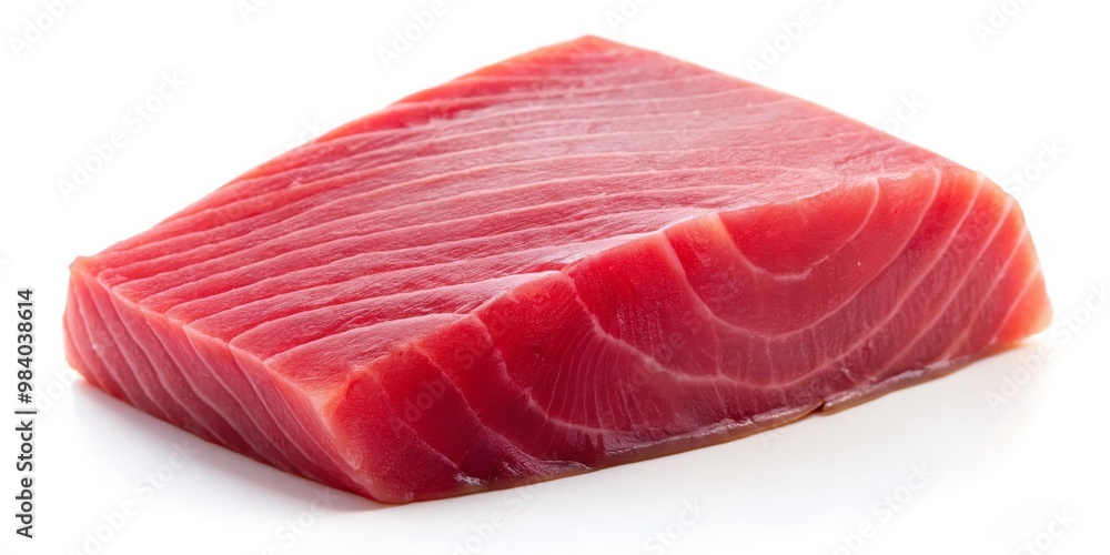 Close-Up Food Photography of Fresh Tuna Steak on White Background, Highlighting Texture and Color of Sliced Fish for Culinary Use