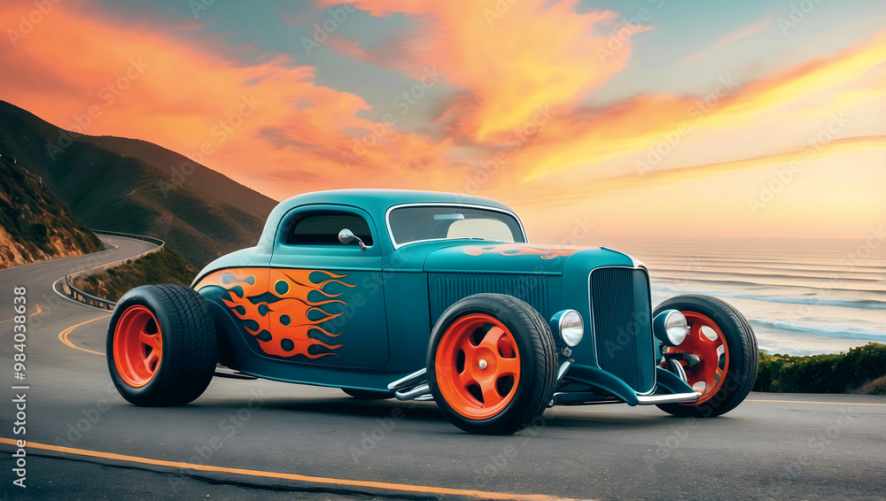 Beautiful unique teal vintage hot rod car with red fire, automotive background, tuning template, wallpaper, auto transport