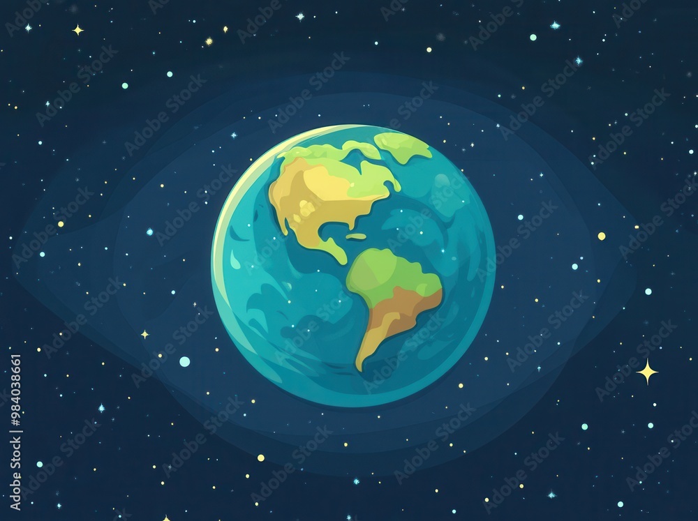 A cartoonish drawing of the Earth with a blue sky and stars in the background. The drawing is of a close up of the Earth with a greenish tint A cartoonish drawing of the Earth with a blue sky and stars in the background. The drawing is of a close up of the Earth with a greenish tint