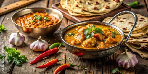 Close-Up Culinary Still Life of Indian Cuisine Rustic Wooden Table Featuring Vibrant Curry Bowl, Fresh Cilantro, Red Chilies, Garlic, and Stack of Flatbreads for an Inviting