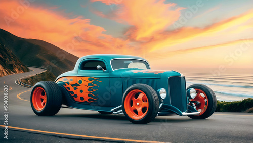 Obraz na płótnie Beautiful unique teal vintage hot rod car with red fire, automotive background, tuning template, wallpaper, auto transport w salonie