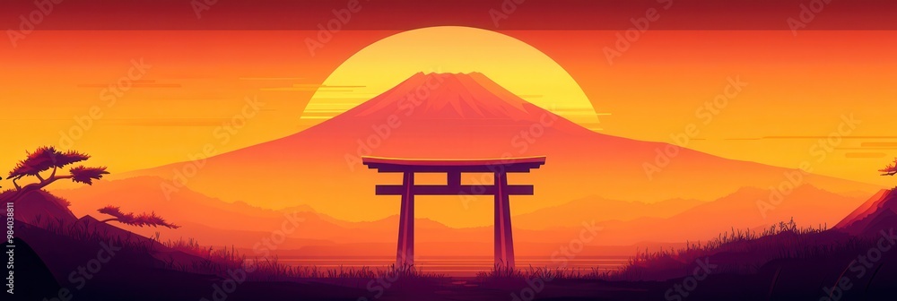 A mountain is in the background with a red sun in the sky. A wooden gate is in the foreground. Anime drawing A mountain is in the background with a red sun in the sky. A wooden gate is in the foreground. Anime drawing