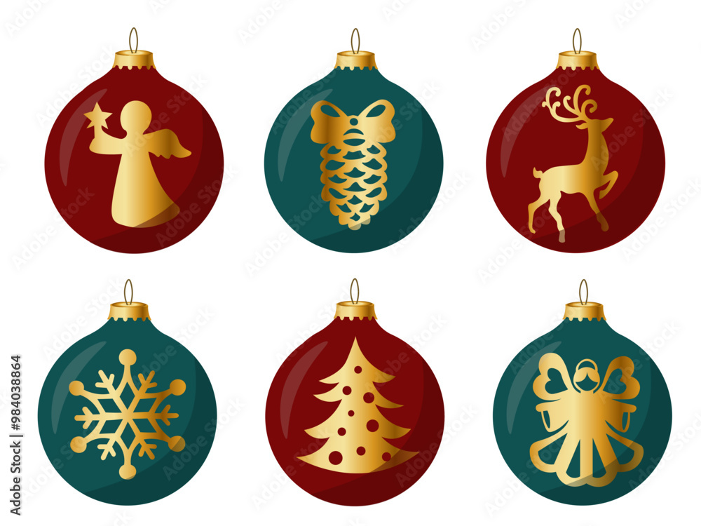 set of green and red Christmas tree toys balls. Angel, pine cone, deer, Christmas tree, snowflake set of green and red Christmas tree toys balls. Angel, pine cone, deer, Christmas tree, snowflake