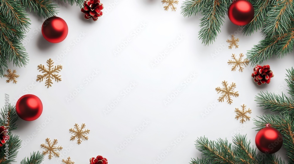 Christmas background with red ornaments, golden snowflakes, and pine branches on a light gray backdrop, featuring white space for text or design, top view, joyful holiday spirit with festive decor Christmas background with red ornaments, golden snowflakes, and pine branches on a light gray backdrop, featuring white space for text or design, top view, joyful holiday spirit with festive decor