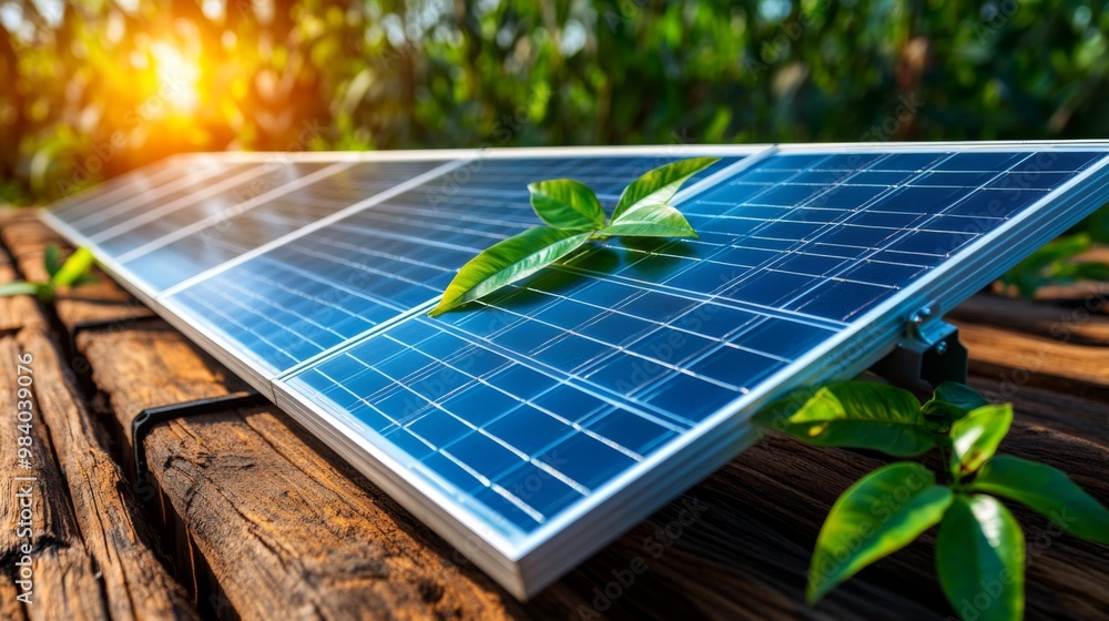 Fototapeta premium Solar Panel with Fresh Green Leaves on a Wooden Surface