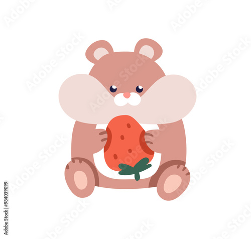 Cute plush hamster, stuffed toy, sitting with strawberry. Soft cuddly kawaii ...
