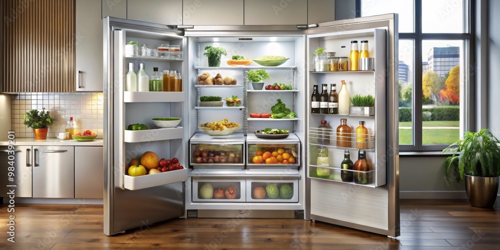 Close-Up of a Sleek Open Stainless Steel Refrigerator in a Modern Kitchen with Cityscape View Organized Produce, Drinks, and Condiments in Bright LED Lighting, Hardwood Floors and Close-Up of a Sleek Open Stainless Steel Refrigerator in a Modern Kitchen with Cityscape View Organized Produce, Drinks, and Condiments in Bright LED Lighting, Hardwood Floors and