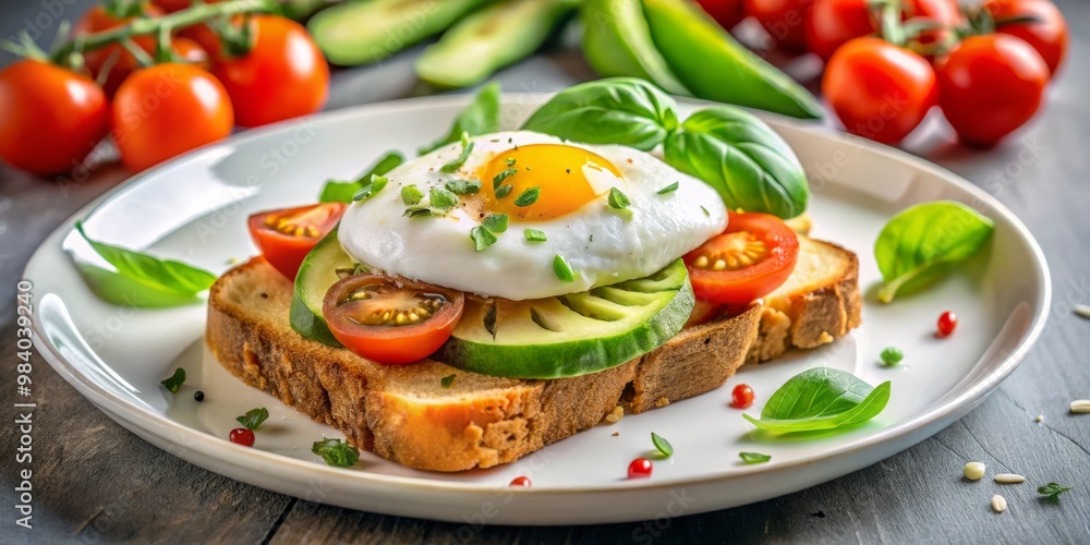 Close-up of a vibrant brunch open-faced sandwich featuring toasted bread, avocado, halved cherry tomatoes, a perfectly fried egg, and fresh basil on a white plate with soft Close-up of a vibrant brunch open-faced sandwich featuring toasted bread, avocado, halved cherry tomatoes, a perfectly fried egg, and fresh basil on a white plate with soft