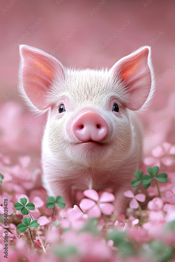 Adorable micro pig in a field of four-leaf clovers, symbolizing luck and celebration for the New Year. Background: soft to deep pink gradient with pink confetti Adorable micro pig in a field of four-leaf clovers, symbolizing luck and celebration for the New Year. Background: soft to deep pink gradient with pink confetti