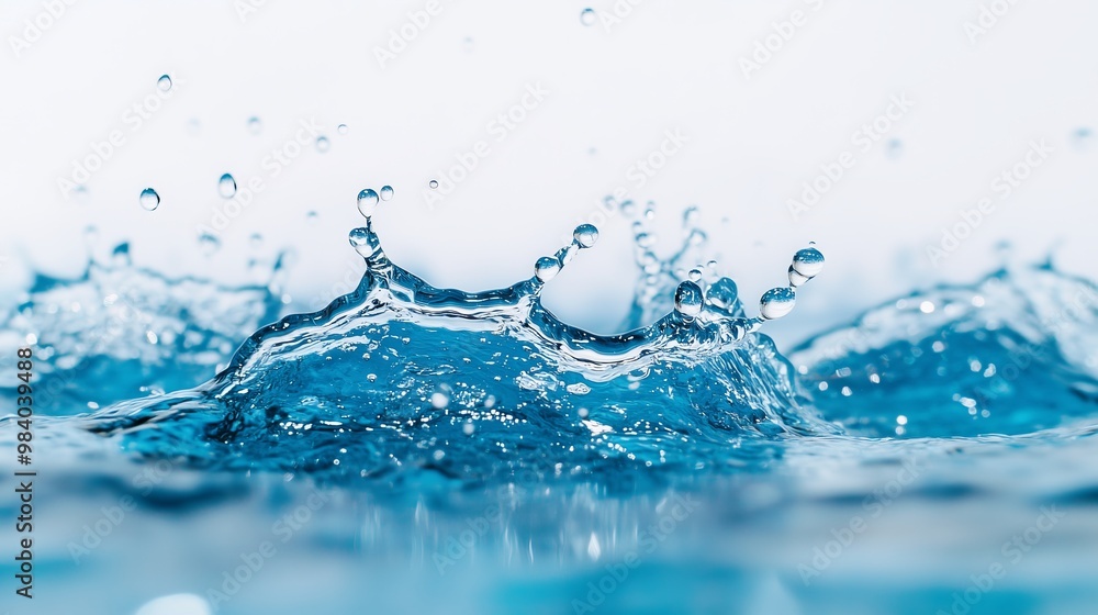 A vibrant blue splash with droplets and bubbles against a white backdrop evokes calmness and purity. A vibrant blue splash with droplets and bubbles against a white backdrop evokes calmness and purity.