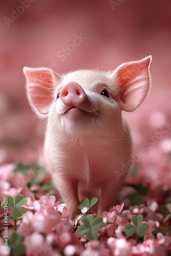 Adorable micro pig in a field of four-leaf clovers, symbolizing luck and celebration for the New Year. Background: soft to deep pink gradient with pink confetti photo