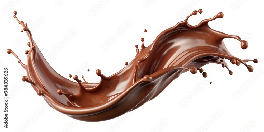 Close-Up of Dynamic Chocolate Milk Splash Against White Background, Showcasing Smooth, Silky Texture and Glossy Sheen, with Curved Motion and Delicate Droplets for a Warm, Close-Up of Dynamic Chocolate Milk Splash Against White Background, Showcasing Smooth, Silky Texture and Glossy Sheen, with Curved Motion and Delicate Droplets for a Warm,