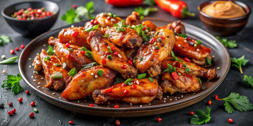 Close-up of deliciously glazed chicken wings piled haphazardly on a plate, adorned with green onions, red peppers, and sesame seeds, set against a blurred background for an Close-up of deliciously glazed chicken wings piled haphazardly on a plate, adorned with green onions, red peppers, and sesame seeds, set against a blurred background for an