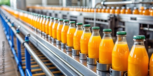 Close-Up of Efficient Glass Bottle Production Line with Bright Orange Juice and Green Caps on Silver Conveyor Belt, Highlighting Industrial Process and Uniformity in Food