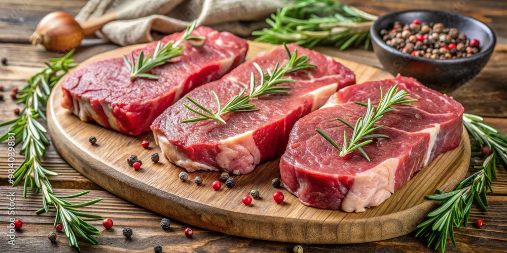 Close-Up of Four Vibrant Raw Beef Steaks on Rustic Wooden Cutting Board, Surrounded by Fresh Rosemary, Colorful Peppercorns, and Blurred Onion, Embodying Freshness and Culinary Close-Up of Four Vibrant Raw Beef Steaks on Rustic Wooden Cutting Board, Surrounded by Fresh Rosemary, Colorful Peppercorns, and Blurred Onion, Embodying Freshness and Culinary