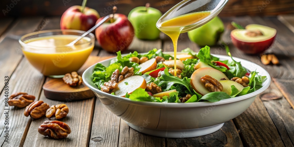 Close-Up Of Fresh Green Salad With Apples And Walnuts Dressed In Golden Honey Mustard, Balanced Composition With Rustic Wooden Background, Soft Light Enhancing Vibrant Colors And Close-Up Of Fresh Green Salad With Apples And Walnuts Dressed In Golden Honey Mustard, Balanced Composition With Rustic Wooden Background, Soft Light Enhancing Vibrant Colors And