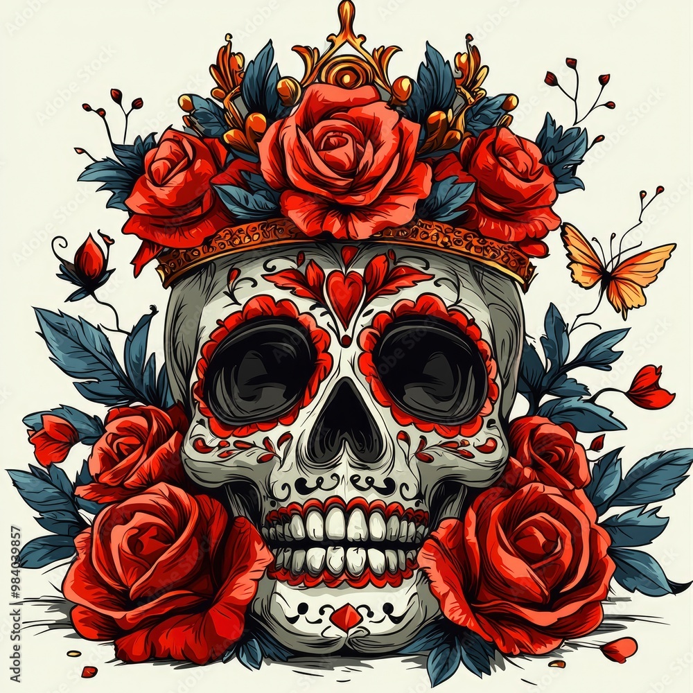 Sugar Skull with Roses and Crown Sugar Skull with Roses and Crown