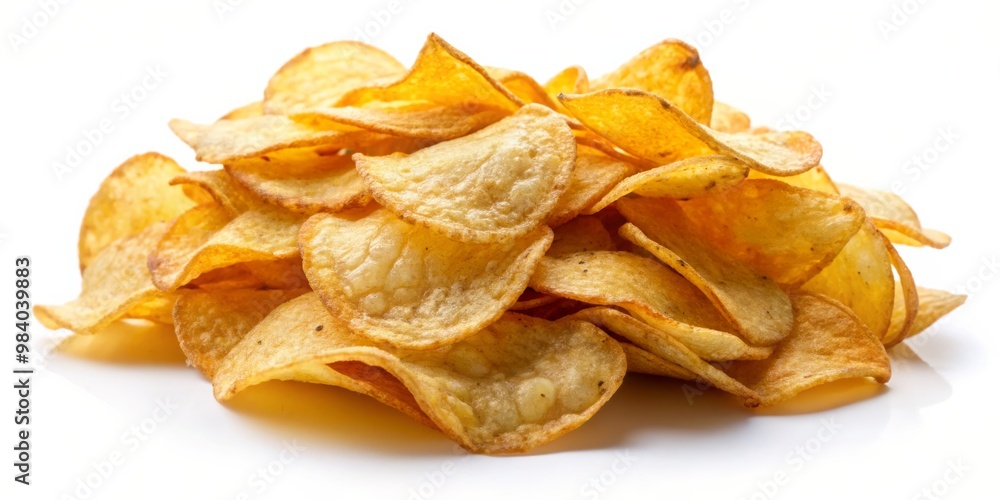 Close-Up of Freshly Fried Potato Chips on White Background Golden Yellow and Brown Hues Create Depth and Texture with Irregular Shapes for a Natural, Handcrafted Appeal Close-Up of Freshly Fried Potato Chips on White Background Golden Yellow and Brown Hues Create Depth and Texture with Irregular Shapes for a Natural, Handcrafted Appeal