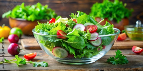 Close-Up of Fresh Healthy Salad in Glass Bowl on Wooden Table, Featuring Vibrant Greens, Red Tomatoes, and Radishes in Warm Natural Light, Evoking Wholesome Simplicity and photo