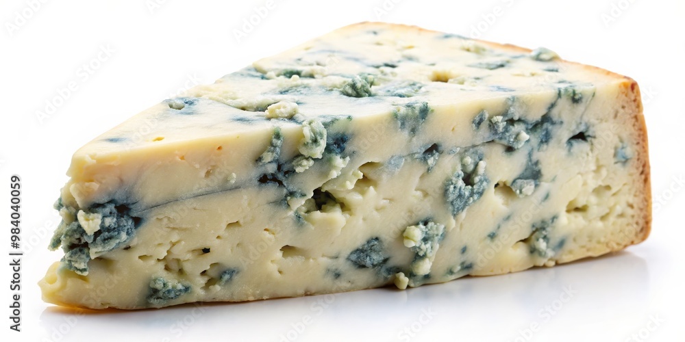Close-up of Gourmet Blue Cheese Wedge on White Surface, Showcasing Mottled Pale Yellow with Intricate Blue and Green Veins; Clean Composition Evoking Indulgence and Culinary Close-up of Gourmet Blue Cheese Wedge on White Surface, Showcasing Mottled Pale Yellow with Intricate Blue and Green Veins; Clean Composition Evoking Indulgence and Culinary