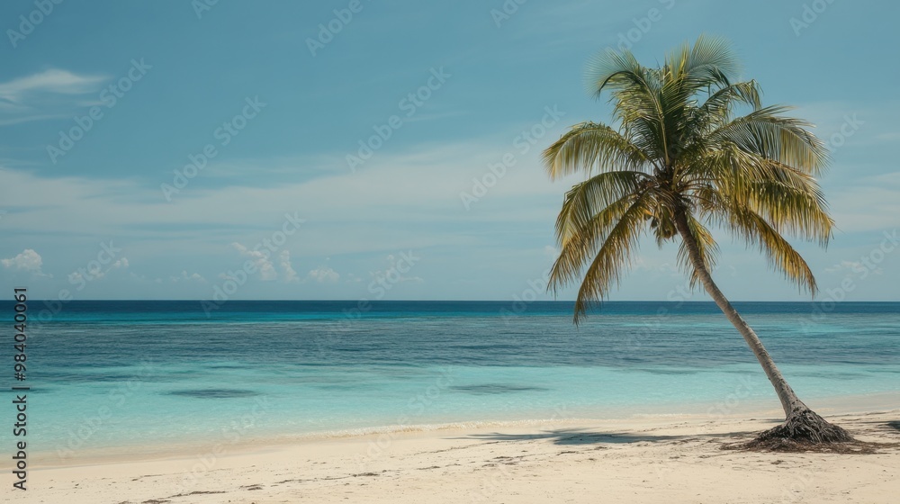 Serene tropical beach with a lone palm tree swaying in the warm breeze against the backdrop of turquoise waters and coral sand Serene tropical beach with a lone palm tree swaying in the warm breeze against the backdrop of turquoise waters and coral sand