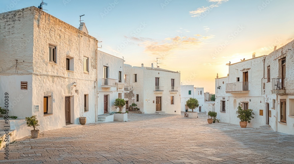 A quaint village square at dawn, all buildings painted in off-white, reflecting the soft glow of the morning sun A quaint village square at dawn, all buildings painted in off-white, reflecting the soft glow of the morning sun
