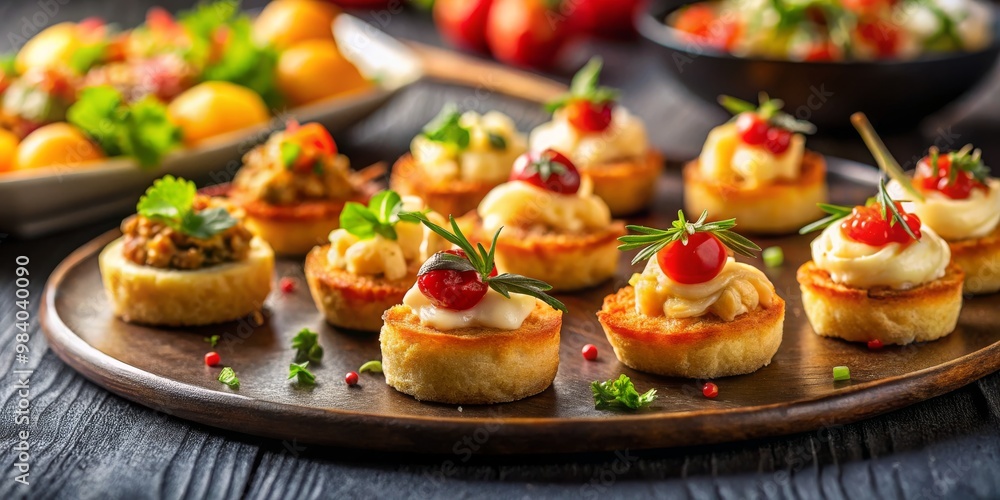 Close-Up of Gourmet Savory Pastries on Rich Brown Wooden Platter, Semi-Circular Arrangement with Colorful Garnishes and Dramatic Lighting, Showcasing Textures and Balanced Close-Up of Gourmet Savory Pastries on Rich Brown Wooden Platter, Semi-Circular Arrangement with Colorful Garnishes and Dramatic Lighting, Showcasing Textures and Balanced