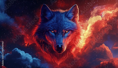 A wolf with a red and blue face is staring at the camera. The wolf is surrounded by a red and blue sky, giving the image a dreamy and mystical feel