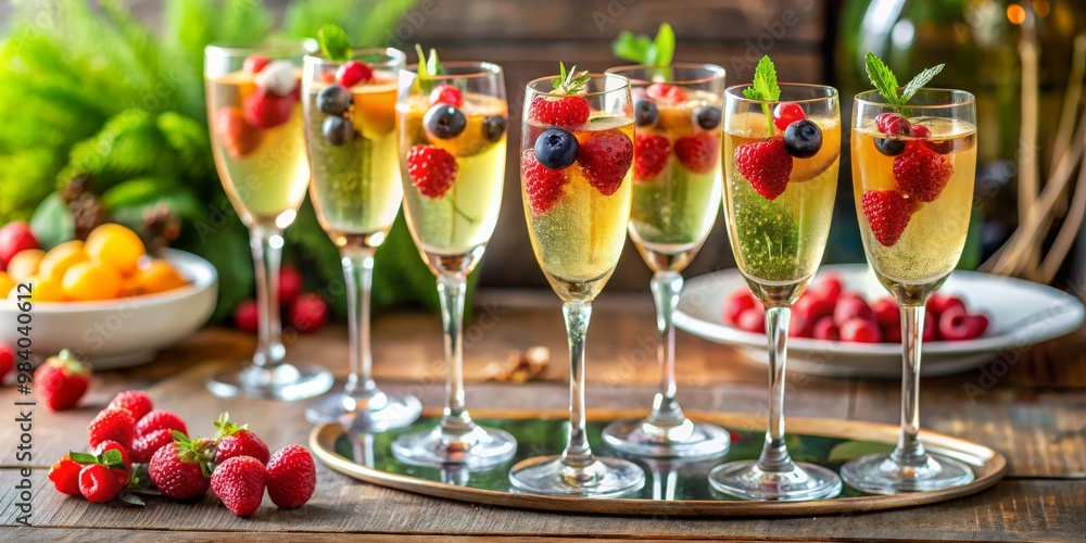 Close-Up of Six Symmetrical Champagne Flutes with Sparkling Summer Cocktails, Fresh Fruit Toppings, and Mint, on a Gold-Rimmed Tray atop a Worn Wooden Table, in a Bright, Close-Up of Six Symmetrical Champagne Flutes with Sparkling Summer Cocktails, Fresh Fruit Toppings, and Mint, on a Gold-Rimmed Tray atop a Worn Wooden Table, in a Bright,