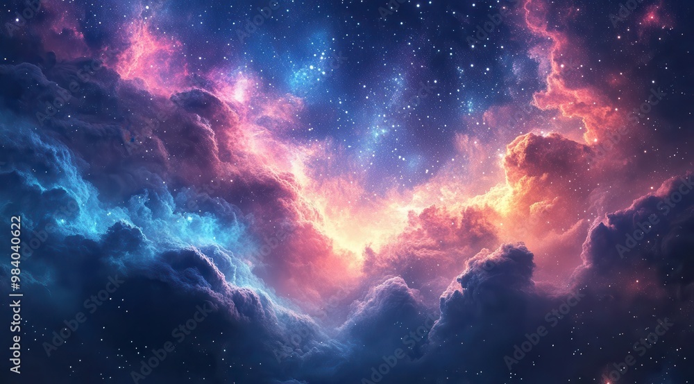 Fototapeta premium A colorful sky with clouds and stars. The sky is filled with a variety of colors, including blue, purple, and pink. The clouds are scattered throughout the sky, and the stars are shining brightly