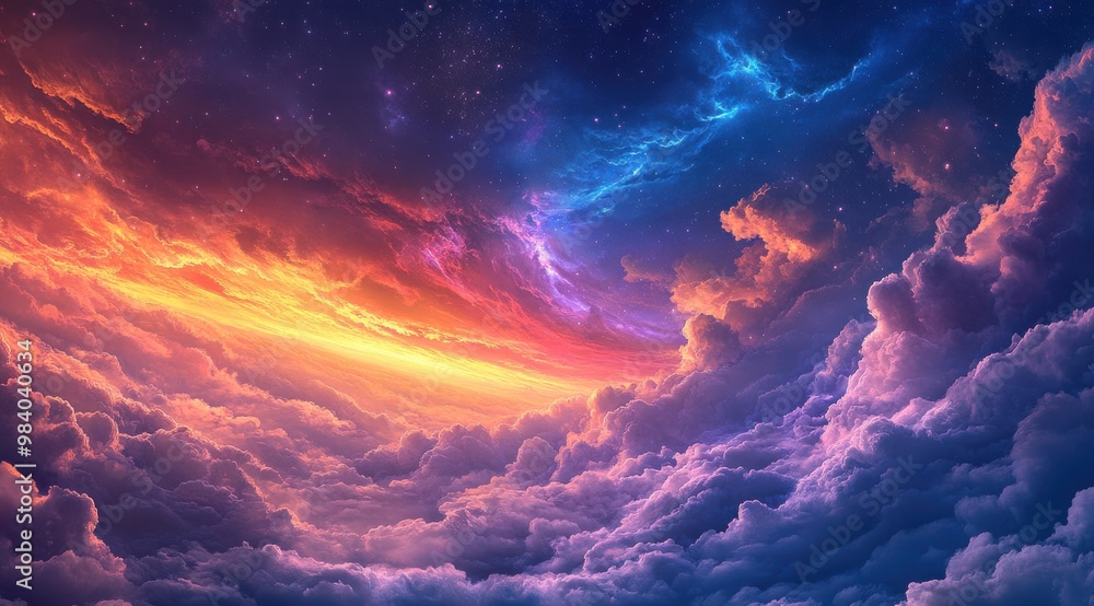 A colorful sky with clouds and stars. The sky is filled with a variety of colors, including red, blue, and yellow. The clouds are scattered throughout the sky A colorful sky with clouds and stars. The sky is filled with a variety of colors, including red, blue, and yellow. The clouds are scattered throughout the sky