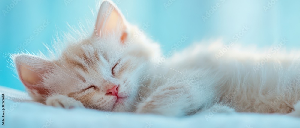 Obraz premium A cat is sleeping on a bed. The cat is white and fluffy. The bed is blue