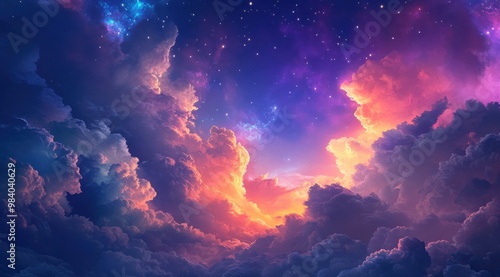 A colorful sky with clouds and stars. The sky is filled with a variety of colors, including blue, purple, and pink. The clouds are fluffy and spread out across the sky, creating a sense of depth