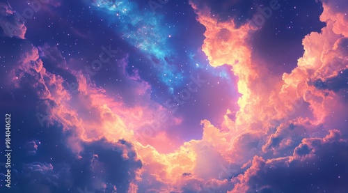 A beautiful, colorful sky with a few clouds and stars. The sky is filled with a variety of colors, including pink, blue, and purple. The clouds are scattered throughout the sky, with some larger