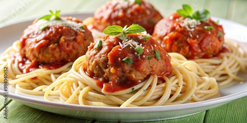 Close-Up of Spaghetti with Three Meatballs Textured Visual Delight on White Plate, Highlighting Rich Brown Meatball with Tomato Sauce, Golden Spaghetti, and Fresh Green Basil