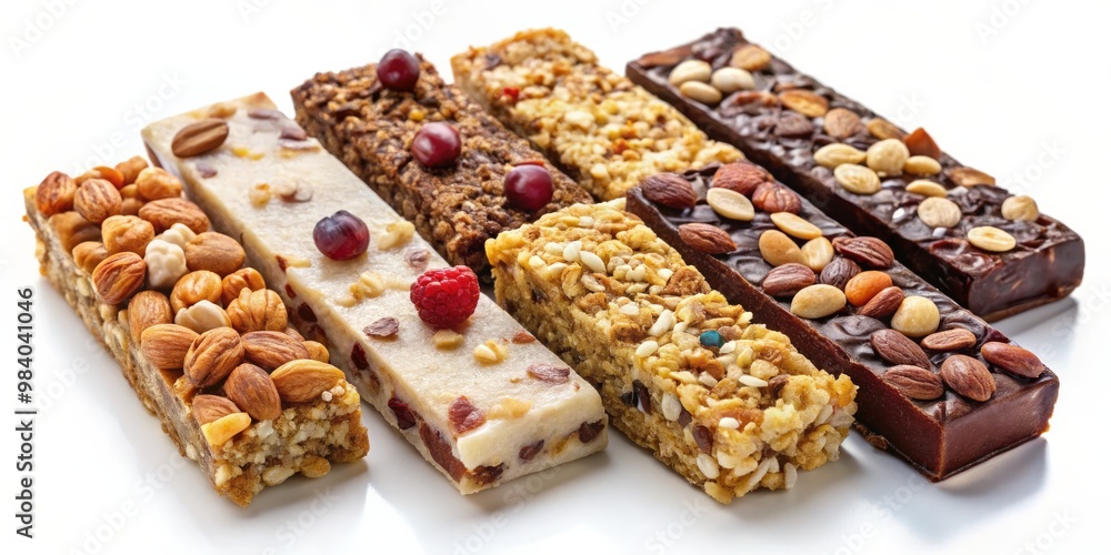 Colorful Row of Six Rectangular Granola Bars on White Surface, Featuring Nuts, Dried Fruits, and Chocolate, Highlighting Textures and Inviting Warm Tones, Perfect for Healthy Colorful Row of Six Rectangular Granola Bars on White Surface, Featuring Nuts, Dried Fruits, and Chocolate, Highlighting Textures and Inviting Warm Tones, Perfect for Healthy