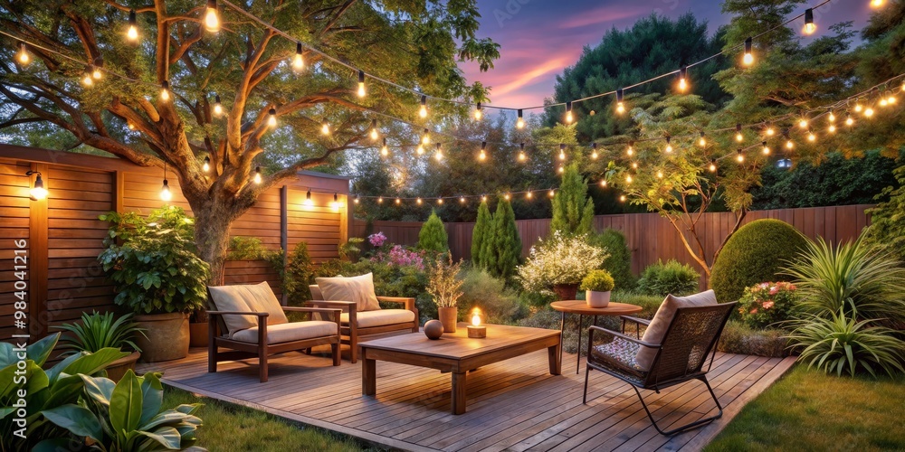 Cozy Outdoor Seating Area with Warm String Lights and Lush Greenery Intimate Evening Scene on Wooden Deck Featuring Comfortable Armchairs, Lantern, and Vibrant Foliage Under a Cozy Outdoor Seating Area with Warm String Lights and Lush Greenery Intimate Evening Scene on Wooden Deck Featuring Comfortable Armchairs, Lantern, and Vibrant Foliage Under a