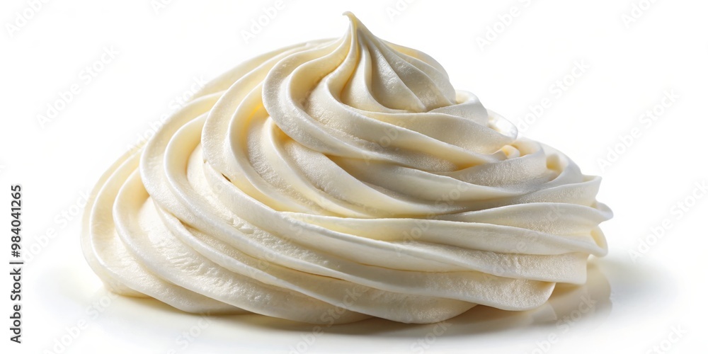 Delicate Close-Up of Swirled Off-White Whipped Cream on White Background, Expertly Lit to Highlight Smooth Texture and Shadows, Evoking Temptation and Simplicity in Composition Delicate Close-Up of Swirled Off-White Whipped Cream on White Background, Expertly Lit to Highlight Smooth Texture and Shadows, Evoking Temptation and Simplicity in Composition