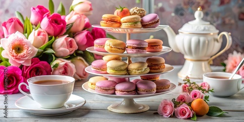 Wallpaper Mural Cozy Tea Party Close-Up Three-Tiered White Cake Stand Filled with Colorful Macarons in Soft Pastels, Accompanied by a Delicate Teacup and Elegant Teapot on a White Wooden Table Torontodigital.ca