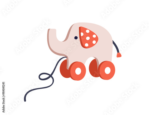 Cute elephant, pull toy on wheels. Funny kawaii wooden animal with string for fun and play in preschool nursery, kindergarten. Kids flat graphic vector illustration isolated on white background