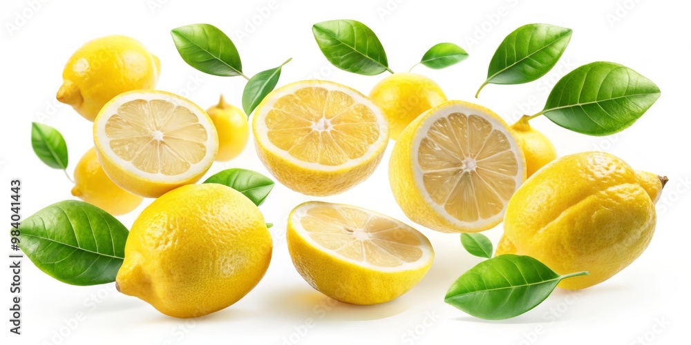 Dynamic Asymmetrical Arrangement of Vibrant Lemons and Green Leaves Floating Against White Background, Showcasing Various Perspectives and Juicy Textures, Evoking Freshness and Dynamic Asymmetrical Arrangement of Vibrant Lemons and Green Leaves Floating Against White Background, Showcasing Various Perspectives and Juicy Textures, Evoking Freshness and